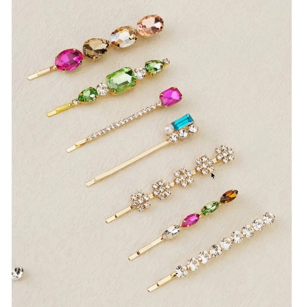 Boho Colorful Rhinestone Gold Tone Hair Clip Set